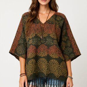SACRED THREADS hippie boho funky hanky Fringes TOP TUNIC 0S(Small) 3/4 Sleeve